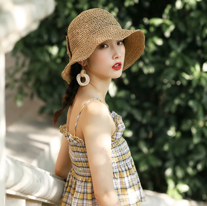 

Women Summer Bow Sun Hat Foldable Hat Wide Large Brim Beach Hats Straw Hat Chapeau Femme Beach UV Protection Cap