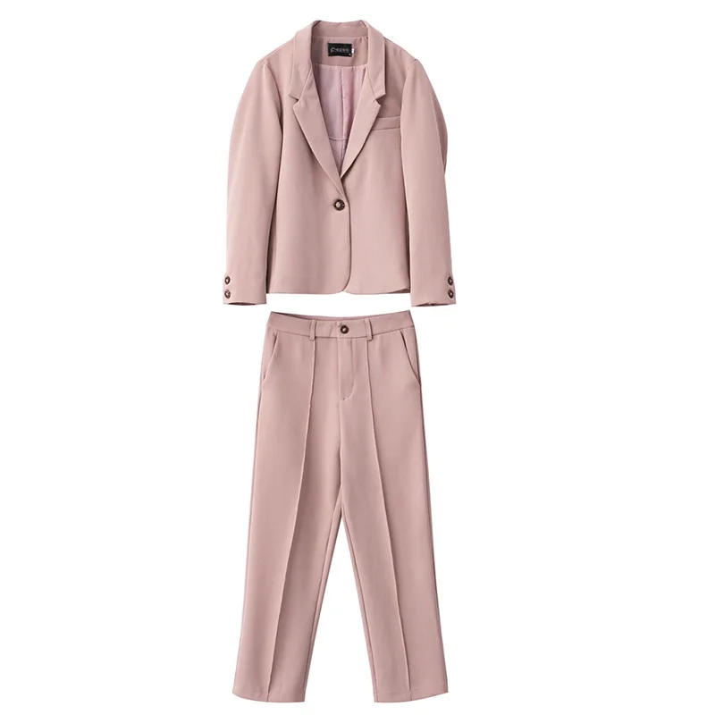 Women's suit 2019 autumn and winter new casual fashion temperament loose wild color single buckle two women's sets |