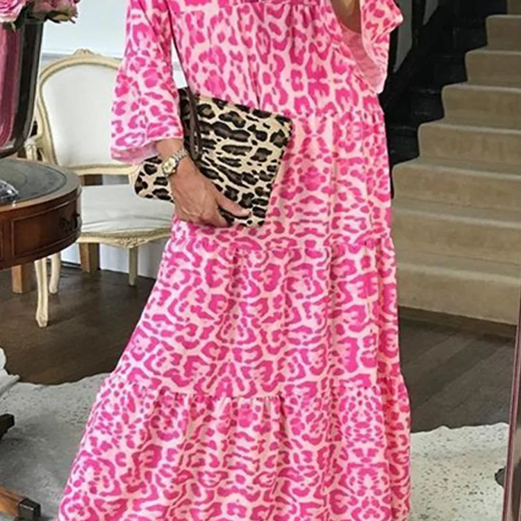 Женское леопардовое длинное платье повседневное свободное макси с леопардовой