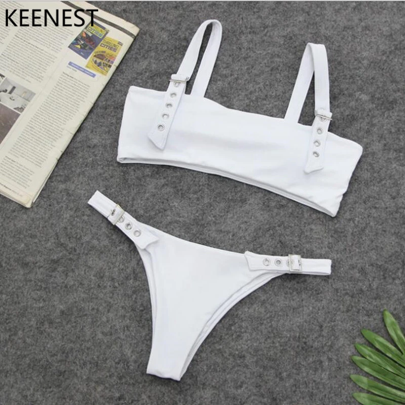 KEENEST Sexy Bikini Brazilian Swimsuit Keyhole Swimwear Female Bathing Suit Buckle Bikini Women Thongs Biquinis - Цвет: Белый