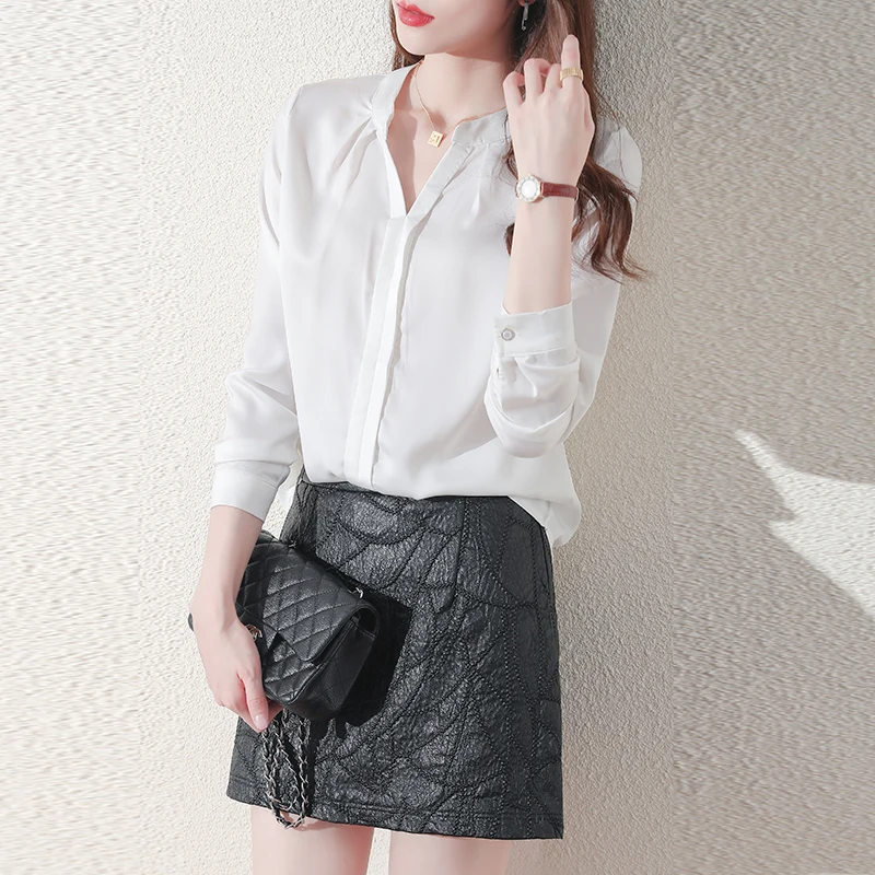 

Silk Women's Blouse Solid Girl's Shirt Chiffon Plus Size New Casual Loose Top Long Sleeve Summer Retro Lady Blusas Houthion