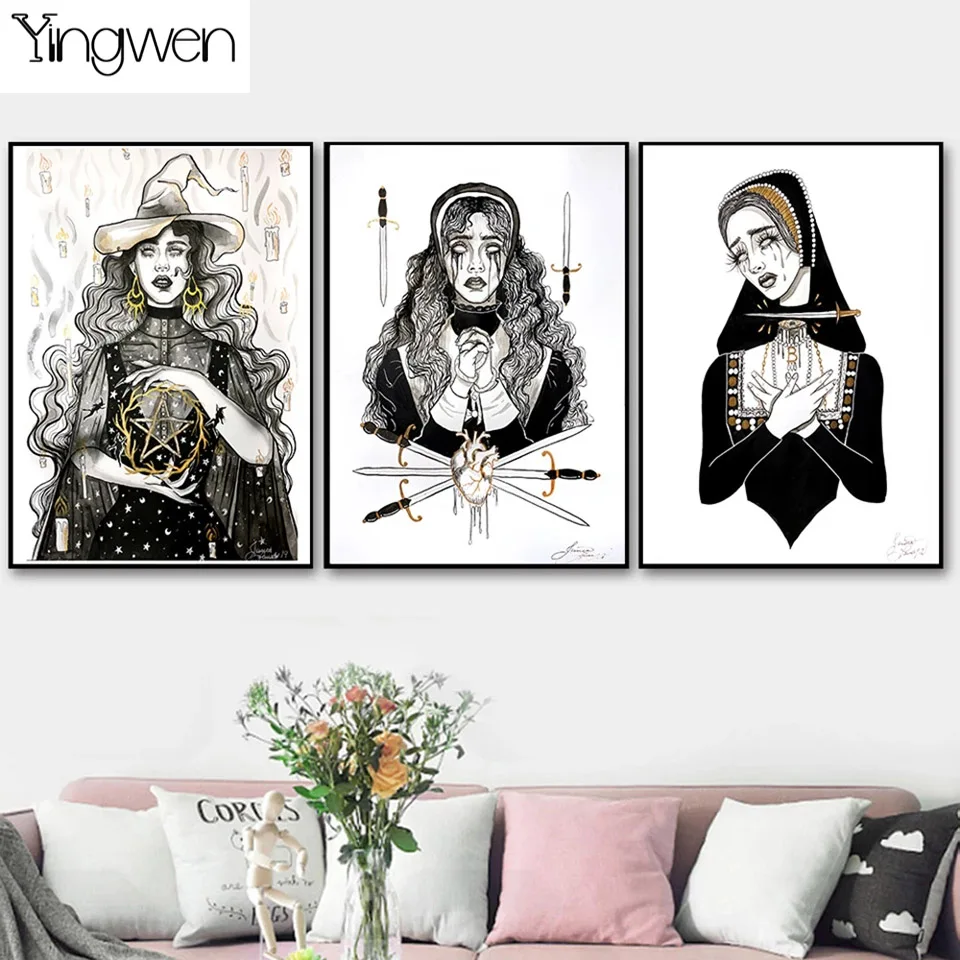

Diamond Painting Magic Witch Diy Full Diamond Embroidery 5D Diamond Cross Stitch Kits Mosaic Nordic Retro Triptych Home Decor