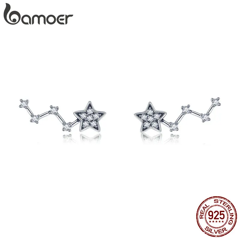 BAMOER, настоящее 925 пробы, серебряные, элегантные сверкающие звезды, Кристалл CZ, маленькие серьги-гвоздики для женщин, модные серьги, ювелирное изделие SCE439
