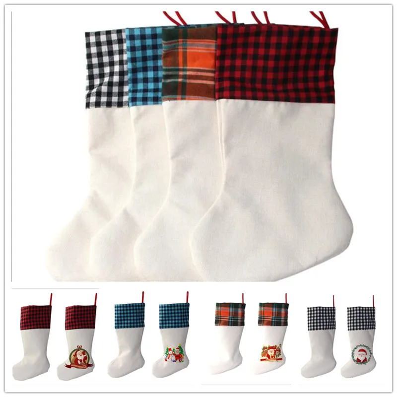 

Wholesale Sublimation Plaid Christmas Stocking 4 Colors Blank Christmas Candy Socks Santa Gift Bag Xmas Tree Ornament