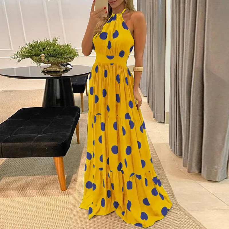 

Women Elegant Halter Sleeveless Long Party Dress Summer Sexy Slim Pleated Backless Maxi Dresses Ladies Fashion Casual Vestidos