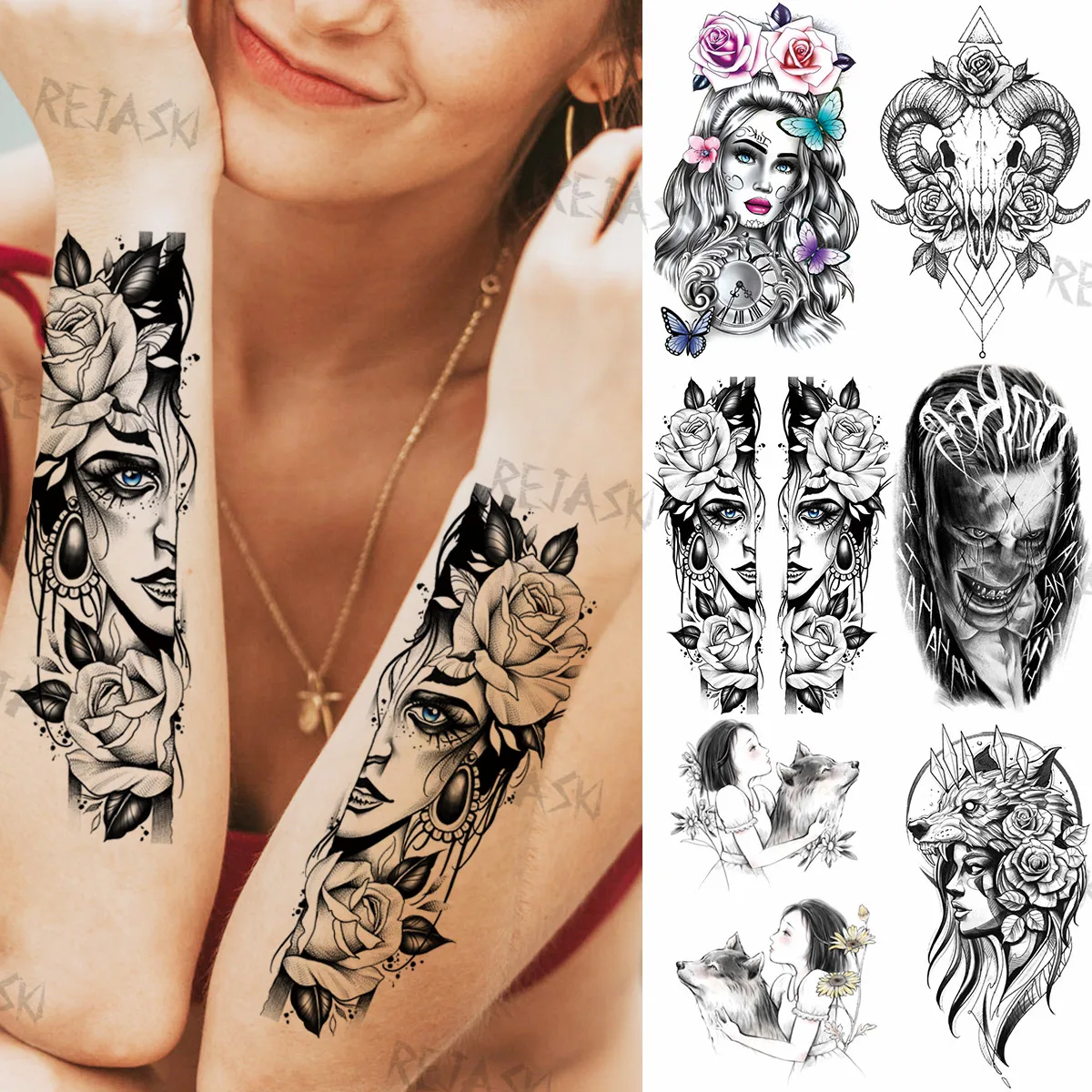 

Временные татуировки для женщин и мужчин, индийская ведьма, цветок, Реалистичная тату-наклейка на искусственный олень, клоун, волк, предплеч...