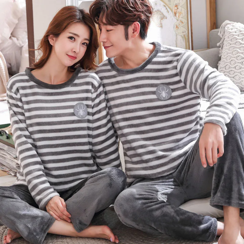 stripe grey Пижама унисекс для взрослых; Фланелевая пижама с милыми животными; комплект зимней теплой одежды для сна из 2 предметов; утолщенная домашняя пижама для мужчин - Цвет: stripe grey