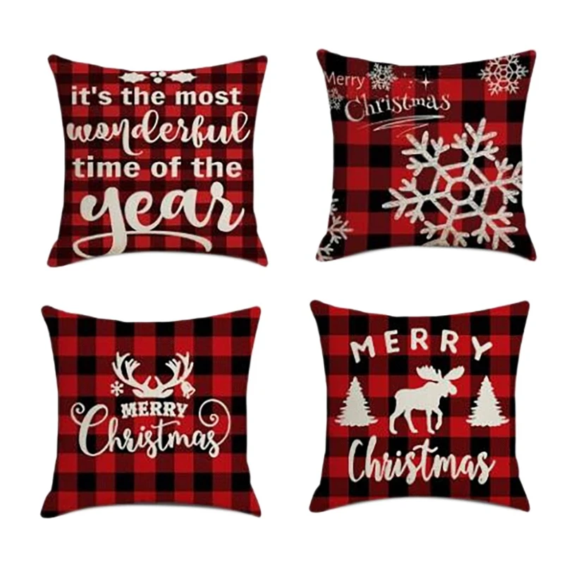 

Рождественские наволочки в красную клетку, 4 шт., квадратные домашние украшения, льняные наволочки для подушек, наволочки для дивана, автомо...