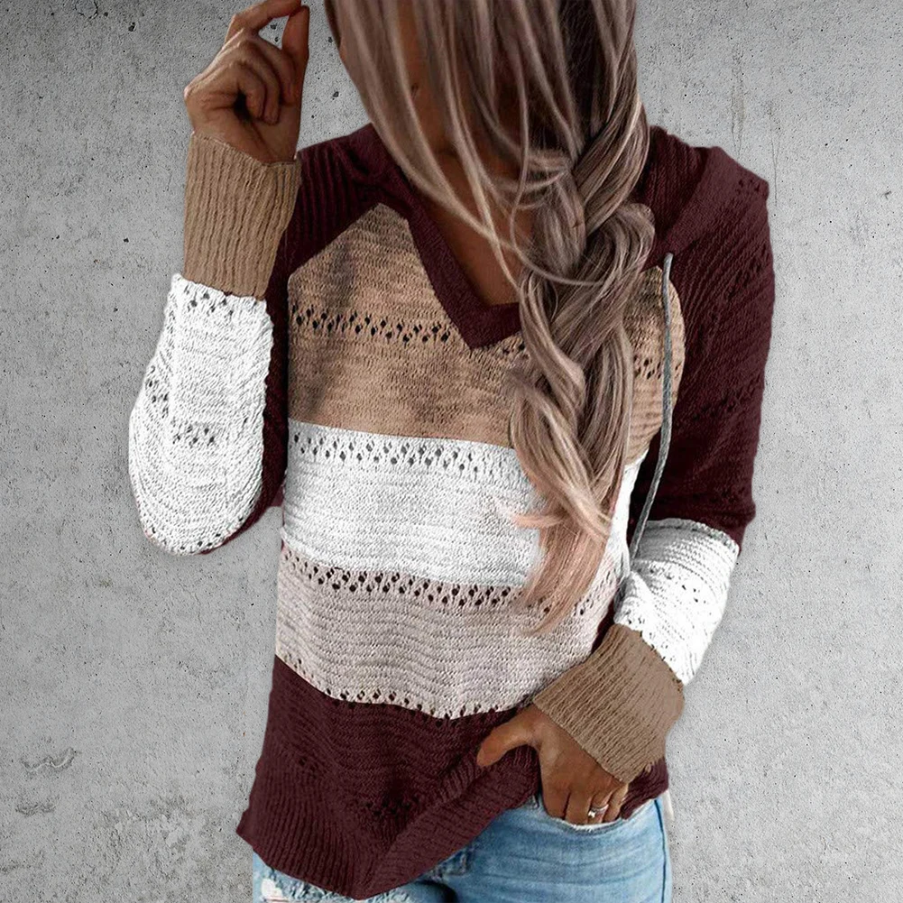 

Autumn Sweater Women Long Sleeve Loose V-Neck Fashion Spring Splicing Hooded Pullover Top Drawstring Tops Jumpers Knitwear