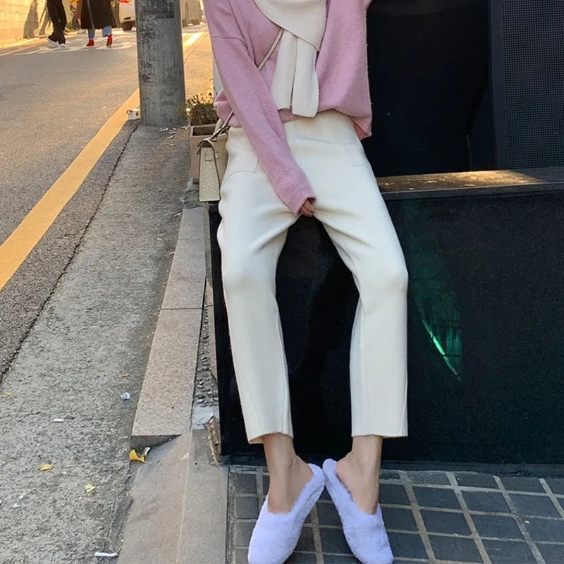 Плотные осенне зимние брюки женские трикотажные шаровары с высокой талией 2021