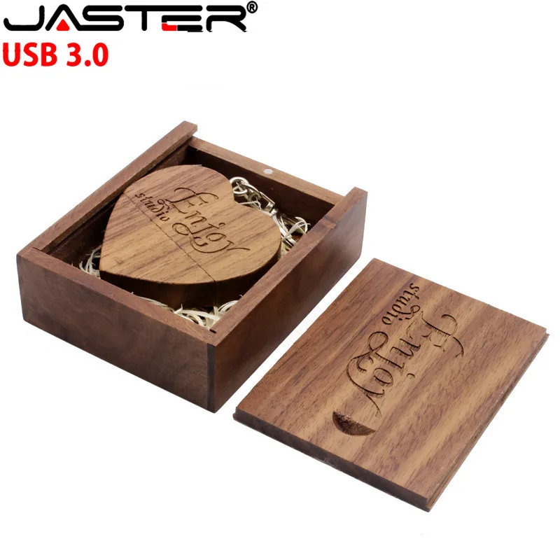 

JASTER USB 3.0 (over 1 PCS free LOGO) walnut wooden heart + gift box USB flash drive USB creative pendrive 8GB 16GB 32GB 64GB