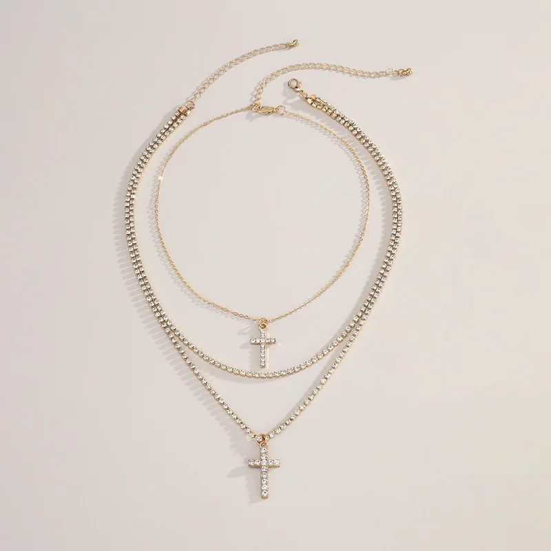 

Bohemian multi-layer retro crystal Chain Cross Pendant Necklace Fashion Jewelry women fashion accessories