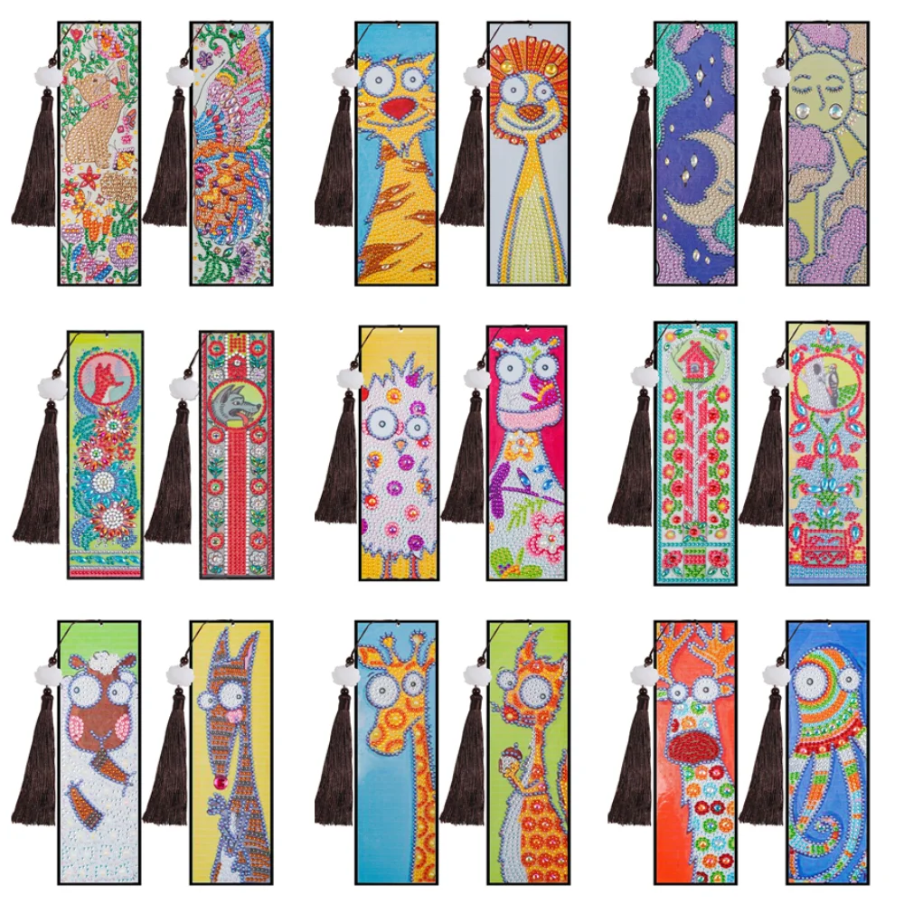 

2Pcs 5D DIY Diamond Painting Bookmark Cartoon Animal Picture Tassel Book Marks Special Shaped Diamond Embroidery Crafts Gift