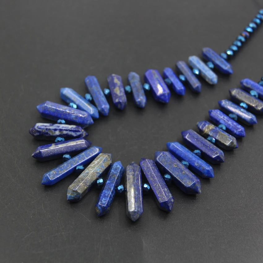 

15.5"strand Central Drilled Natural Lapis Lazuli Double Point Pendants,Faceted Hexagon Slice Stick Spike Beads Jewelry Making