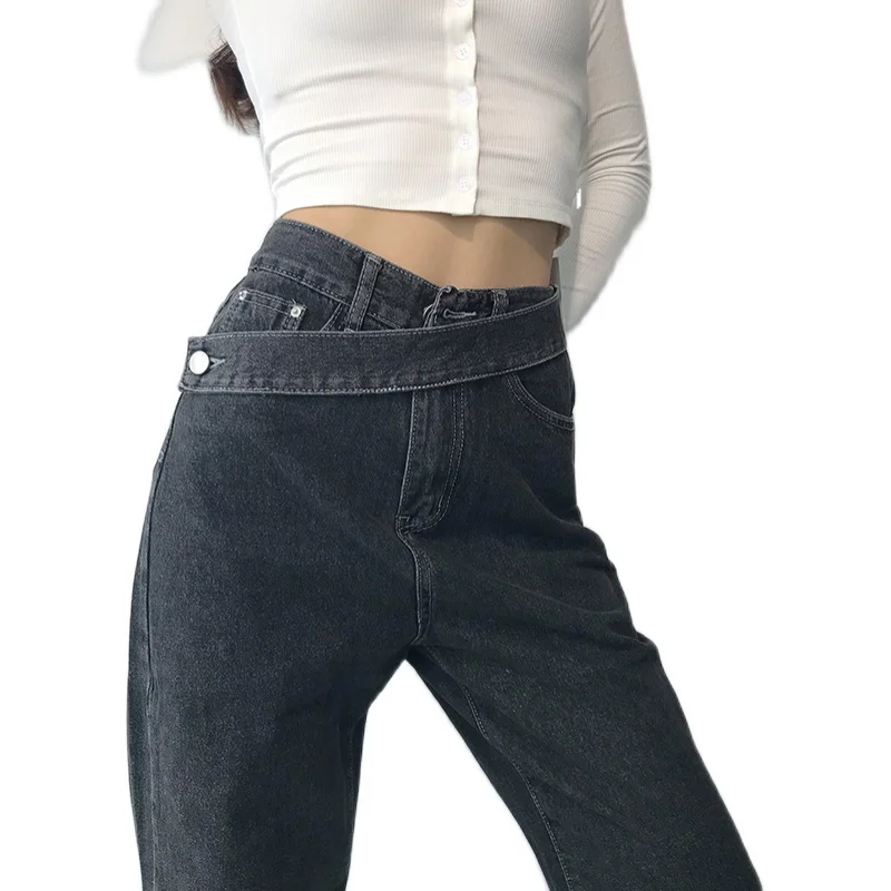 

TVVOVVIN Autumn Winter New Style Belt High Waist Straight Jeans Loose Wide Leg Pants Cotton Elastic Denim Women's Trousers F84