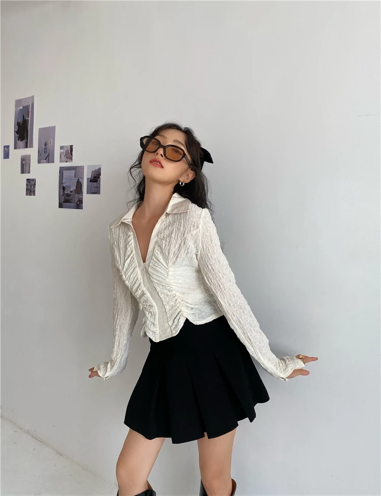 CHEERART Autumn 2020 Ruched Top Long Sleeve Blouse Tunic Crop Top Women Shirt Fashion Crochet Top Designer Clothes