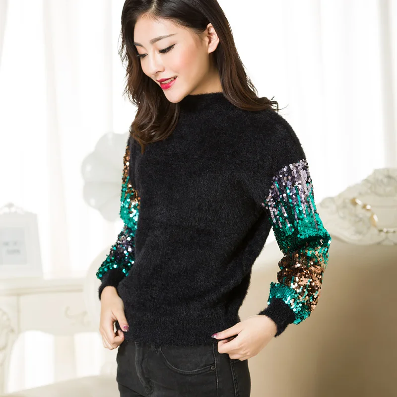 2021 Womens Long Sleeve Mohair Sweater Rabbit Hair Glitter Patchwork Thick Knitting Autumn Winter Warm Pullover Black | Женская одежда