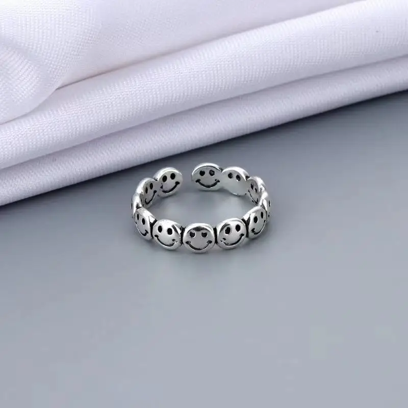 JUCHAO Smiley Face Ring Temperament Circle Geometric Creative Opening Smile Expression Ring Boho Jewellery Anillos Mujer Gothic