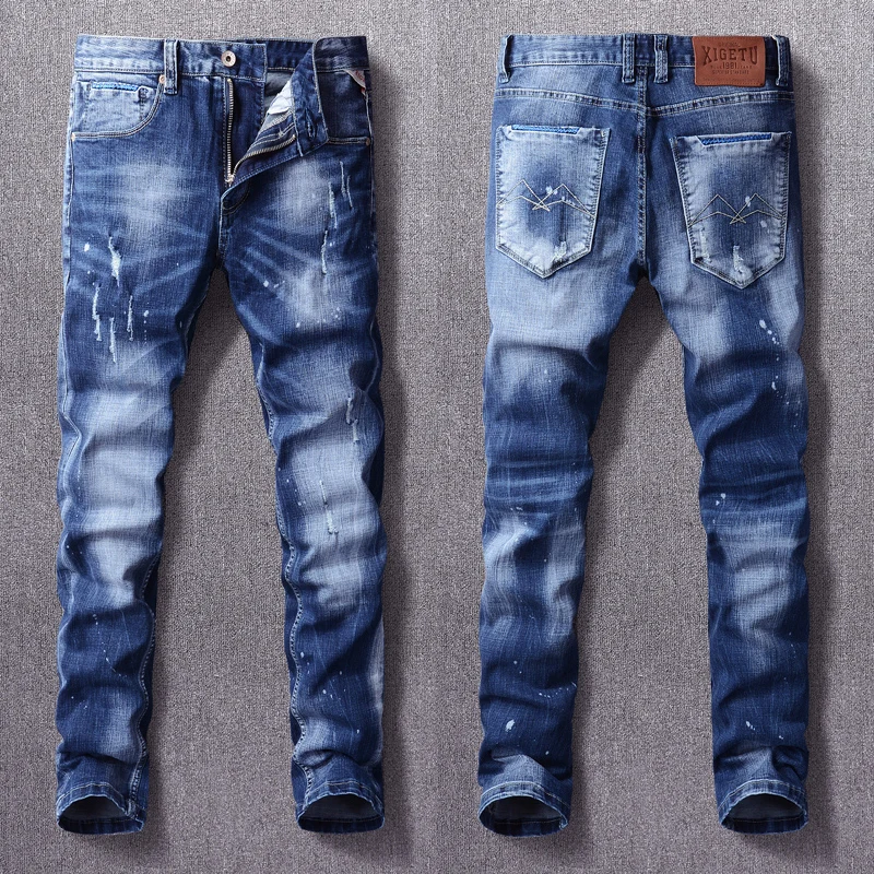 

Italian Style Fashion Men Jeans High Quality Retro Blue Elastic Slim Fit Ripped Jeans Men Vintage Designer Destroyed Denim Pants