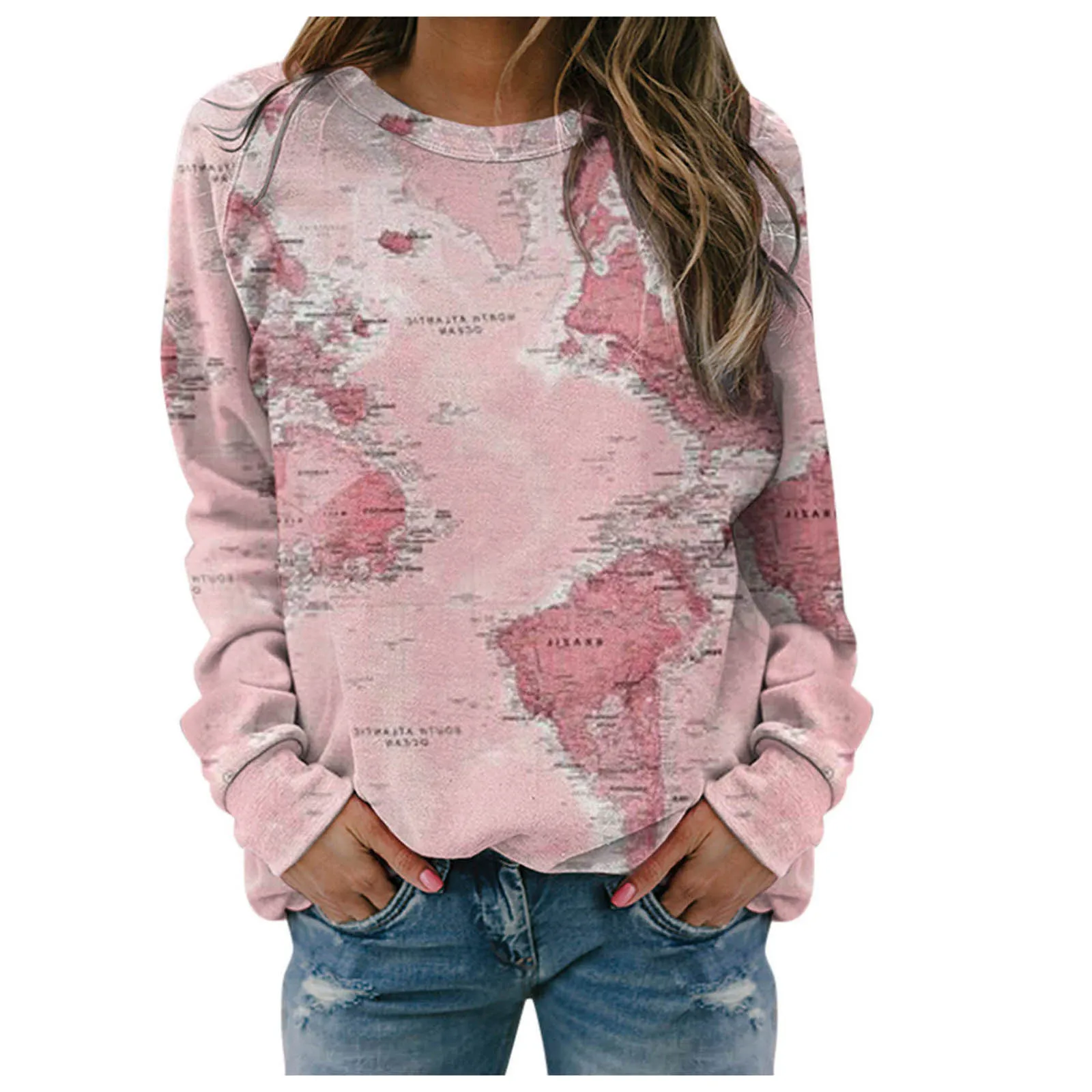 Женский свитшот с длинным рукавом и круглым вырезом принтом карты мира | Женская