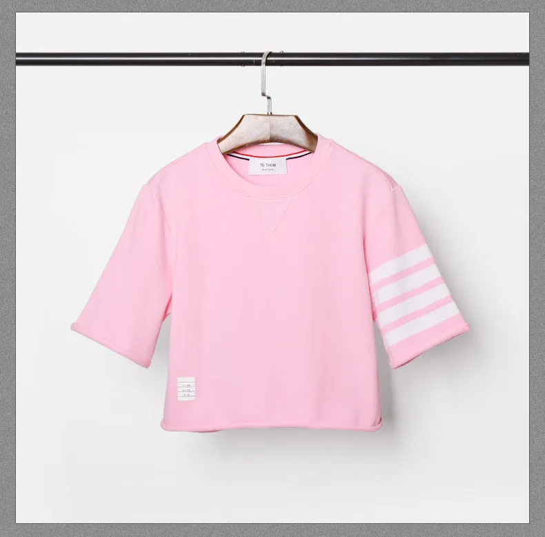 

2021 Fashion TB THOM Brand Short T-Shirt Women Loose Sport Clothing Hip Hop Half Sleeve Summer O-neck Striped Cotton Shirts