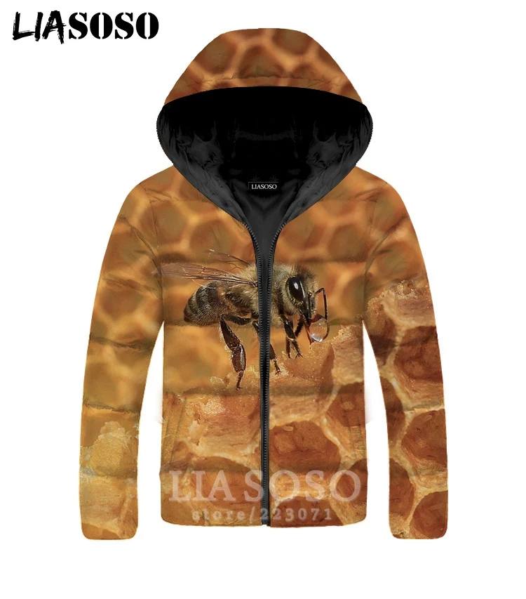 LIASOSO Bee Jackets Winter Men Women Flower 3D Print Animal Plus Velvet Thickening Zipper Warm Street Top Down Filled Coat A321 |
