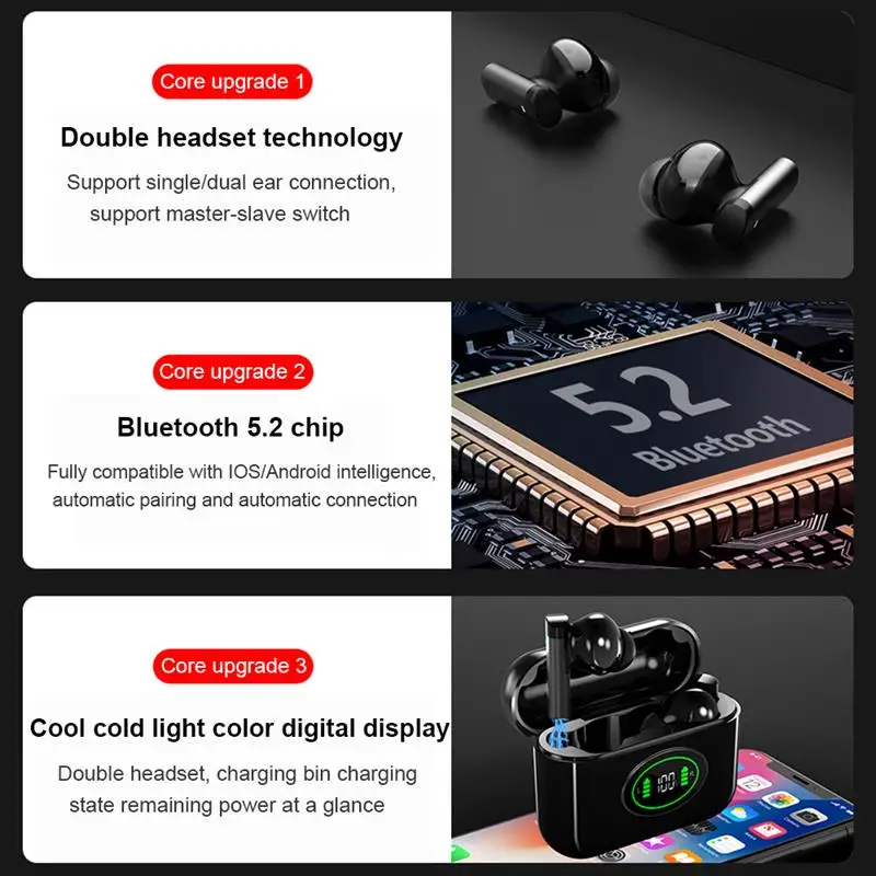 

Wireless Bluetooth 5.2 Earphones Low Latency Waterproof HiFi Stereo Sound Button Control Gaming Earbuds with LED Digital Display