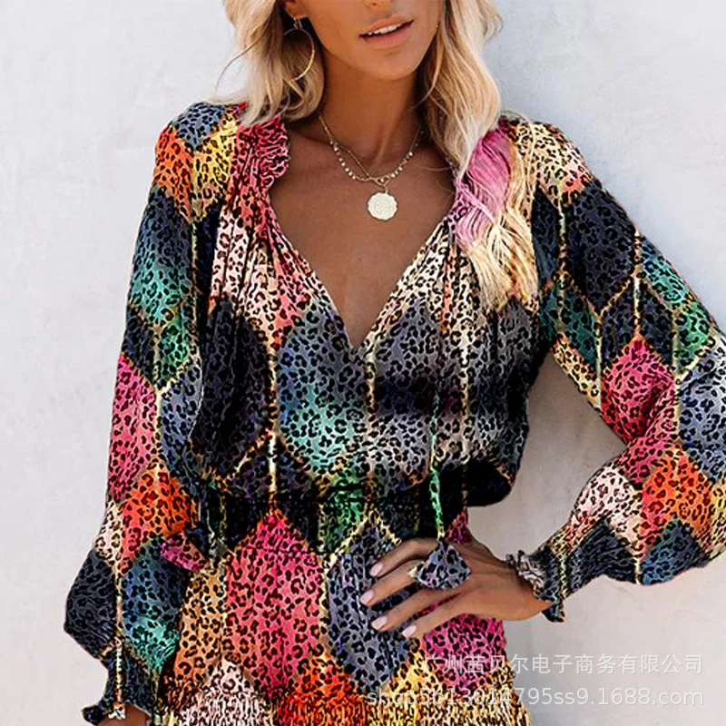 

WEPBEL Spring Fashion Lantern Sleeve V-neck High Waist Slim Dress Women's Casual Color Leopard Print Dress