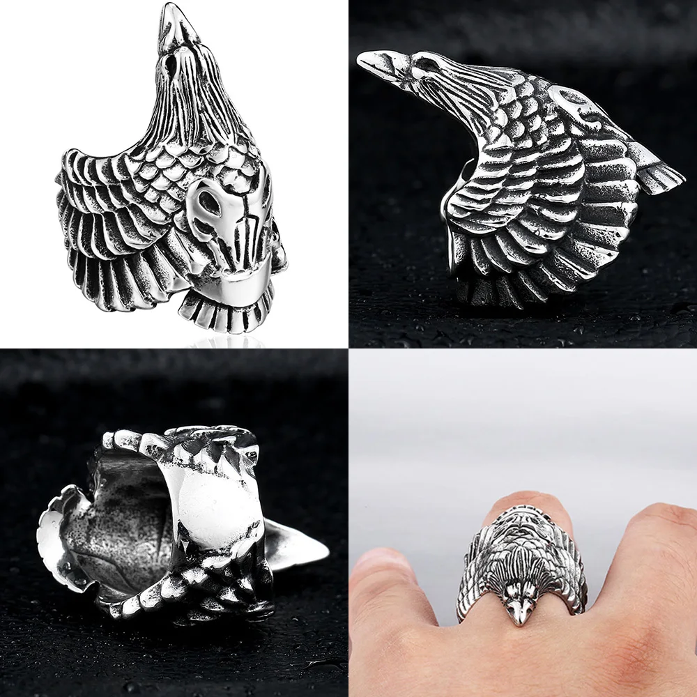 Northern Raven Vintage Skull Stainless Steel Punk Titanium Gothic Style Rings Finger for Mens Biker Ring Jewelry 2022
