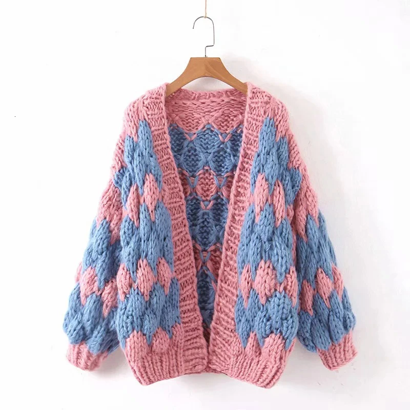 CHICEVER Hit Color Sweater For Women V Neck Lantern Long Sleeve Oversize Cardigans Female Autumn Winter Fashion New 2020 Clothes |