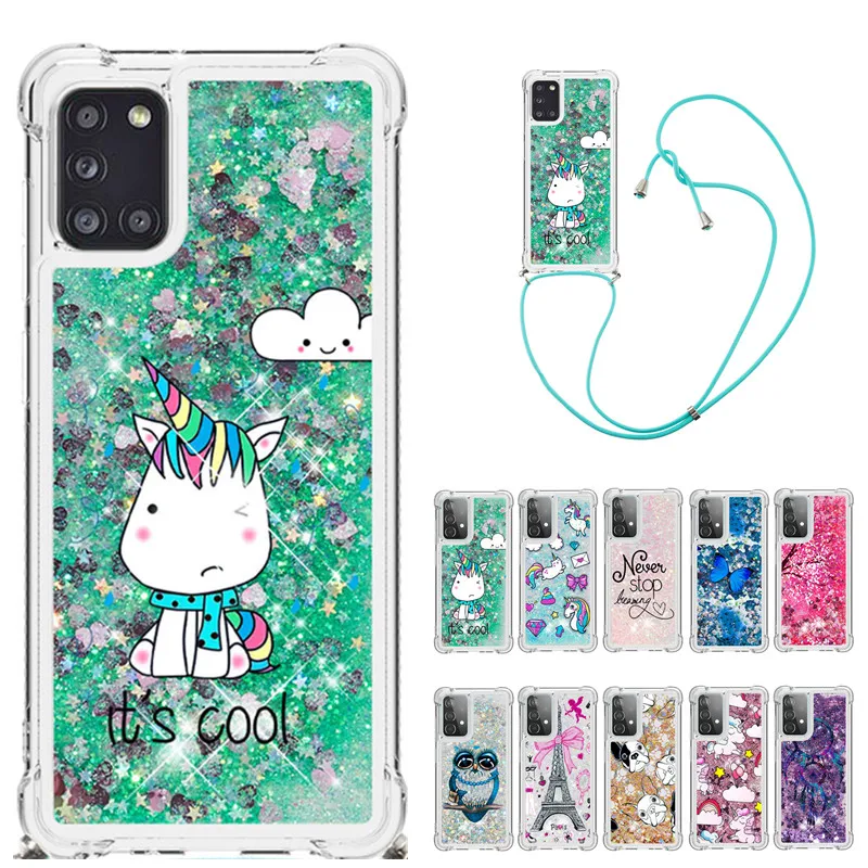 

Strap Lanyard Cartoon Phone Case For Samsung Galaxy A31 A21S A11 M11 A41 A01 A21 A10S A20S TPU Soft Glitter Liquid Back Cover