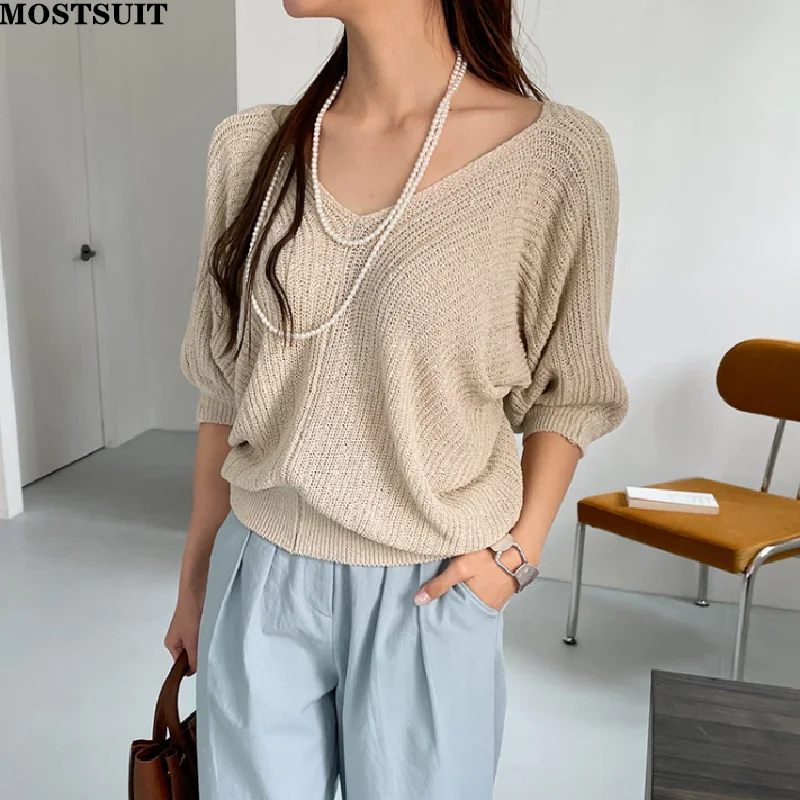 

Batwing Sleeve Knitted Pullover Sweater Women Half Sleeve Loose Solid Tops Korean Vintage Female Jumpers Femme