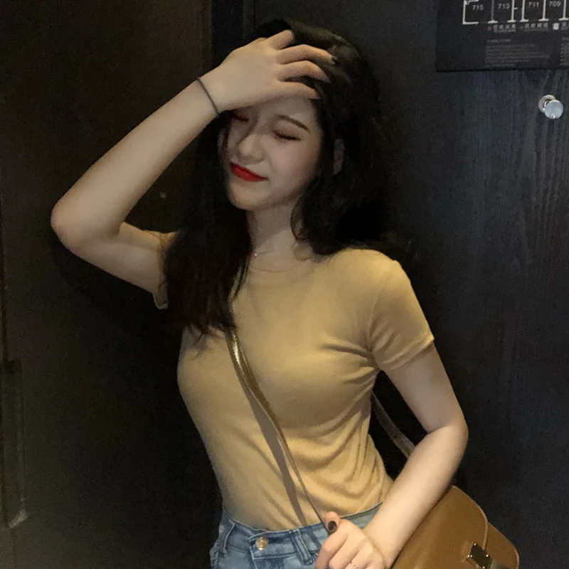 

Avocado Green T-shirt Women's Short Sleeve 2020 New Korean Style Summer Slim Fit Slimming Cotton T-shirt Ins Fashion Top