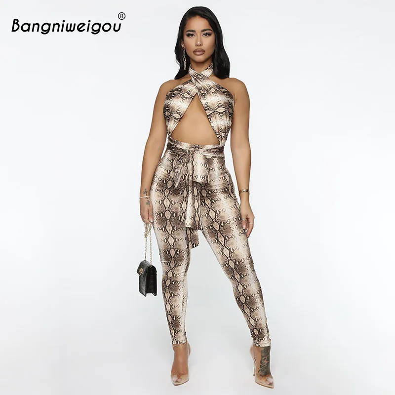 

Bangniweigou Snake Print cross lace up bandage jumpsuit sleeveless halter club party one piece body suit outfits for women