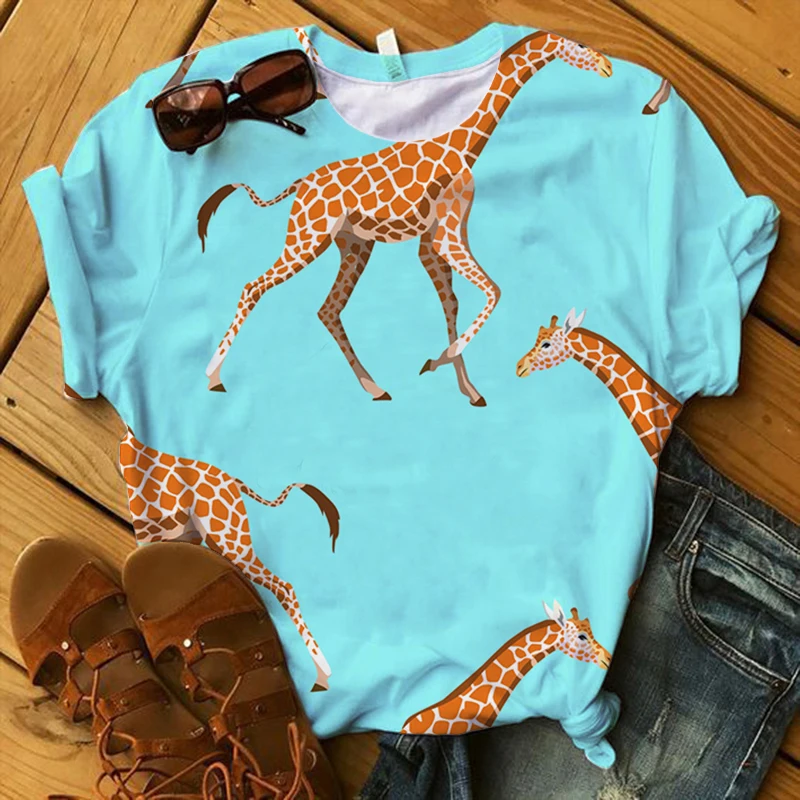 

Summer Tops Clothes for Women 2021 Giraffe Print 3d Graphic Tees Shirt Women Kawaii Harajuku T Shirt Clothes Aesthetic Tee Shirt