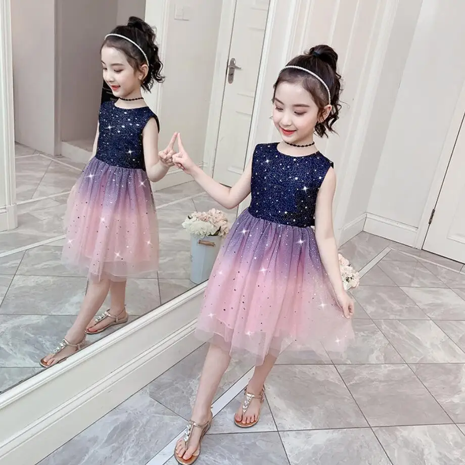 Одежда для детей платье 2021 летние Новый стиль градиент Сетчатое с блестками
