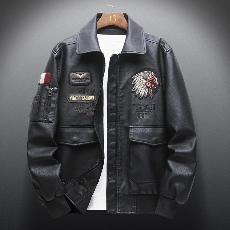 

men's Spring embroidered and leather autumn clothes Korean version tide brand men's Lapel Air Force pilot PU Leather