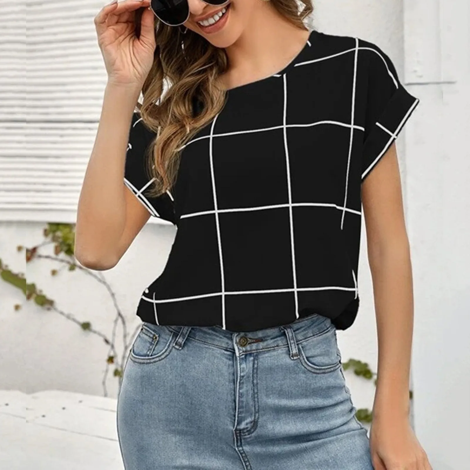 Элегантная клетчатая блузка Женский Повседневный пуловер в клетку с круглым