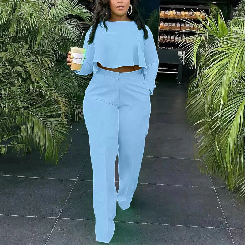 

AYLU Hot Sale Women Two Piece Casual Suits Solid Color Long Sleeve Dip Hem Crop Top Shirt & Loose Pants Set