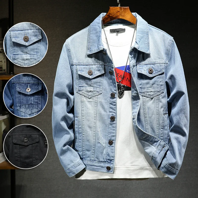 

New denim jacket men spring autumn simple ripped Cotton Soft Jeans Coats Streetwear Long Sleeve Outerwear Many pockets