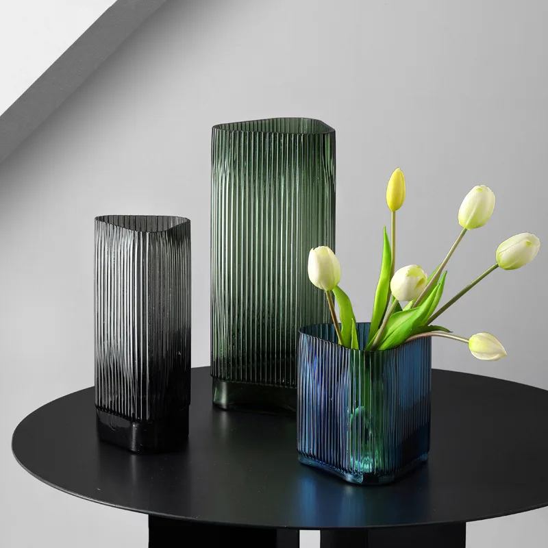 

Modern Blue Stripe Glass Flower Vase for Home Living Room Decoration Nordic Home Decor Transparent Glass Hydroponic Plant Vases