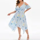 Летнее платье 2021 модные женские туфли с цветочным рисунком платье в цветочном принте, с V-образным вырезом и короткими рукавами, холодный плечо платье плюс Размеры женская одежда Sukienka