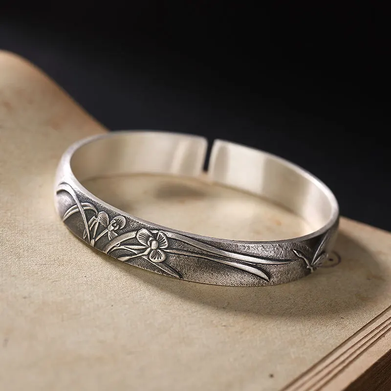 Kopen 999 Sterling Zilver Retro Orchidee Nationale Stijl Armband Vrouwen Effen Mond Zilveren Armband Dag Gift Moeder Aan Moeder