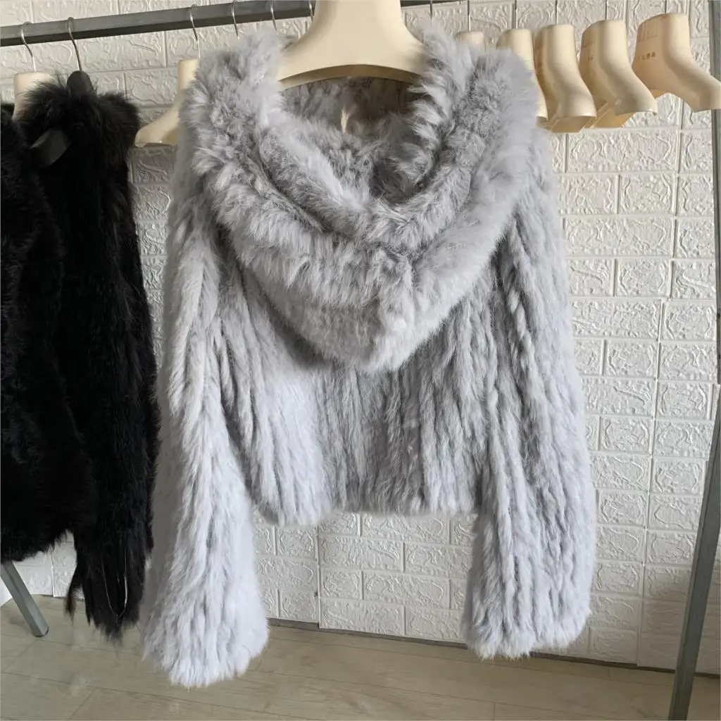 

Fur Jacket New Arrival Coat Vest 2020 Winter Women 's Rabbit Horn Sleeve Ladies Checking Double - Sided Woven Hooded Jacket