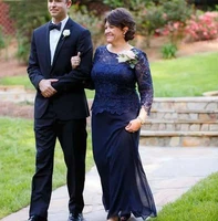elegant navy blue mother of the bride dresses plus size with sleeve formal grandma evening party dress long groom wear