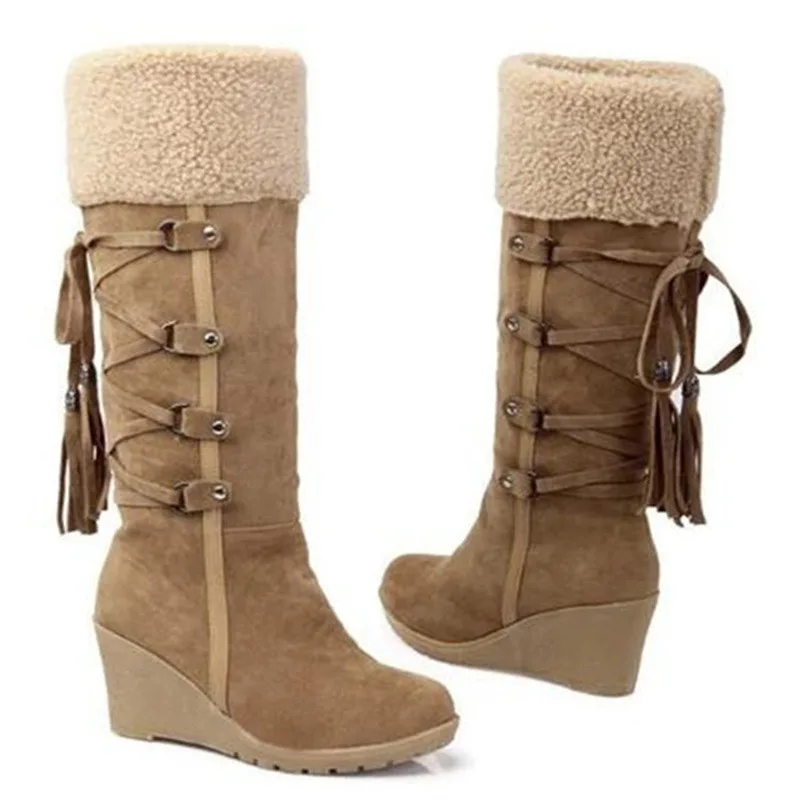 

2021 Snow Boots Women Winter Shoes Warm Cotton Shoes Cold Winter Knee High Boots Ladies Wedge Heels Boots 7cm Plus Size 42
