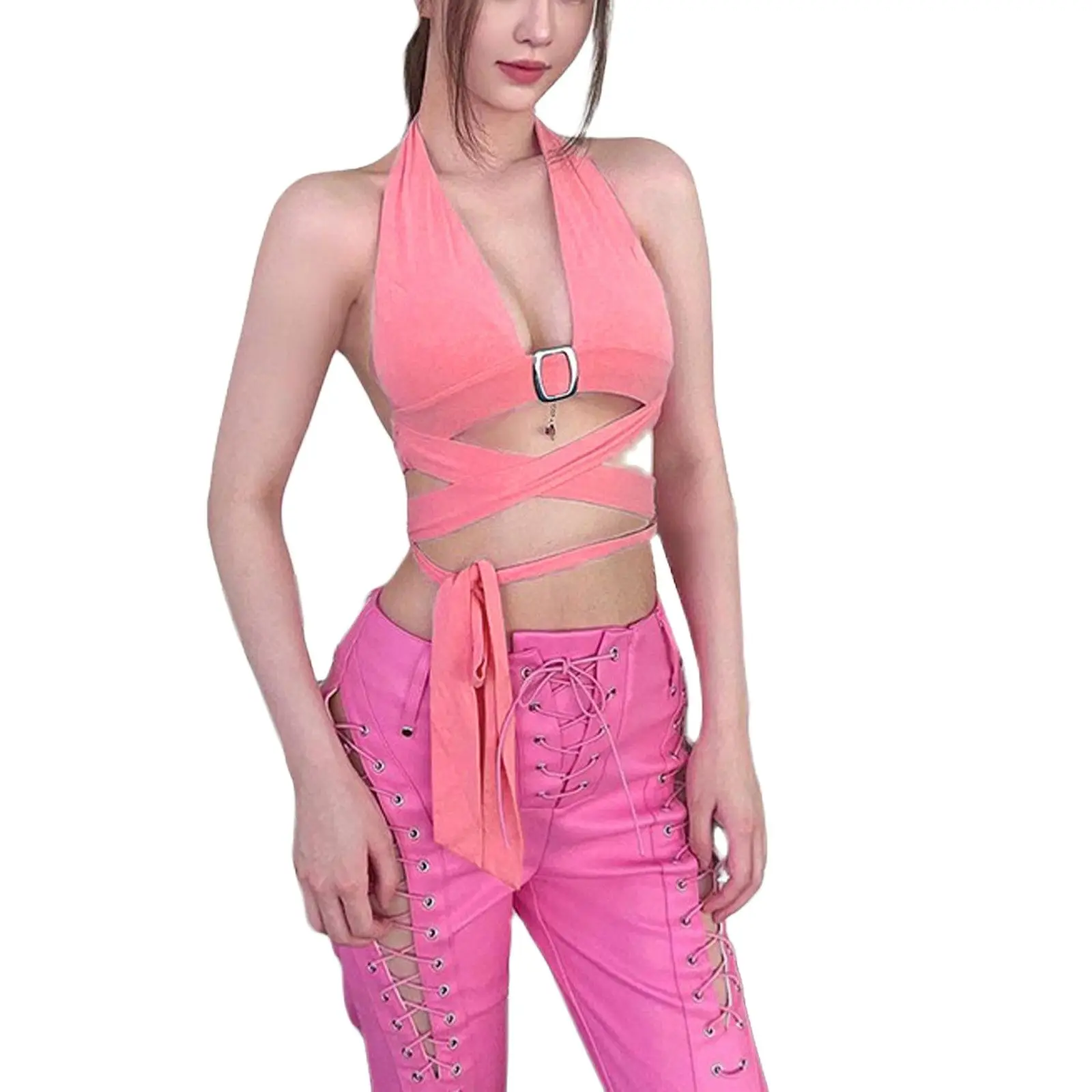 

Summer Women Sleeveless Crop Top, Adults Sexy Tie Up Solid Color Deep V-neck Halterneck Crop Top