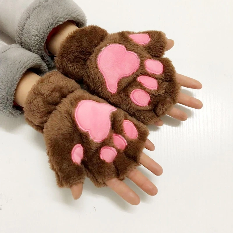 

Women Winter Warm Half Finger Gloves Cute Cartoon Cat Paw Embroidery Anime Kitten Thicken Fuzzy Plush Fingerless Mittens