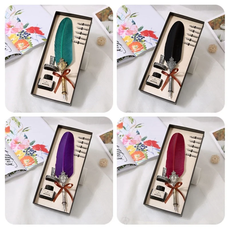 

1Set Retro Vintage Calligraphy Feather Pens Cute Feather Ballpoint Pens Kawaii Plush Ball Pens for Writing