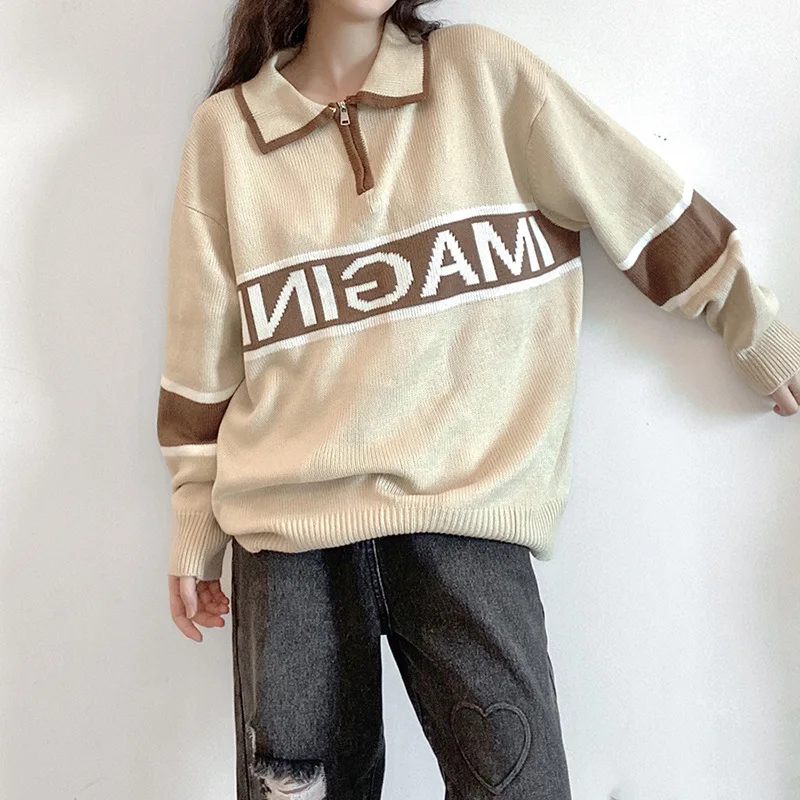 

2021 Autumn Women'S Sweater Knitted Top New Fashion Personality Letters Loose Lapel Casual Outer Wear All-Match Female Clothing